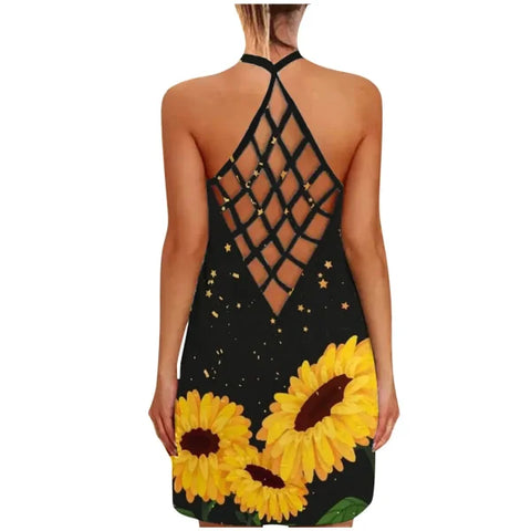Sexy Hollow Out Summer Dress – Women's Halter Sleeveless Boho Sundress with Flower Dot Print - Himpall