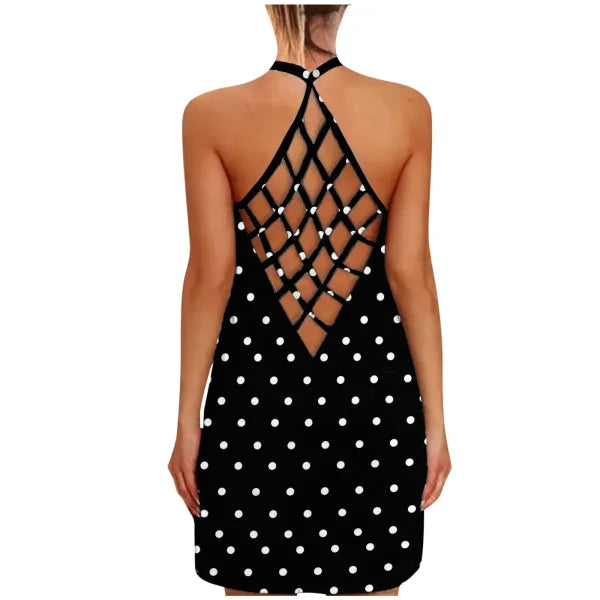 Sexy Hollow Out Summer Dress – Women's Halter Sleeveless Boho Sundress with Flower Dot Print - Himpall