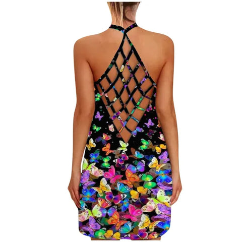 Sexy Hollow Out Summer Dress – Women's Halter Sleeveless Boho Sundress with Flower Dot Print - Himpall