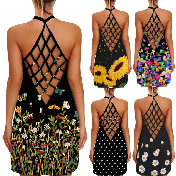 Sexy Hollow Out Summer Dress – Women's Halter Sleeveless Boho Sundress with Flower Dot Print - Himpall