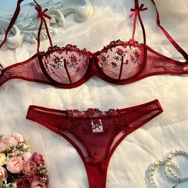 Sexy Transparent Floral Lace Lingerie Set – See-Through Embroidery Bra and Panty Suit Women’s Erotic Sheer Sleepwear