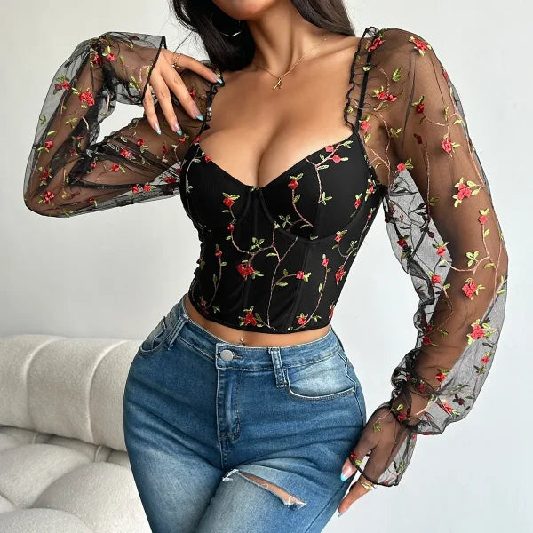 Sexy Mesh Embroidered Bustier Corset Top – Slim Fit Long Sleeve Shaper - black / S