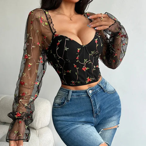 Sexy Mesh Embroidered Bustier Corset Top – Slim Fit Long Sleeve Shaper