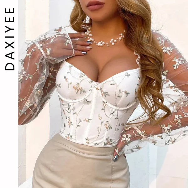 Sexy Mesh Embroidered Bustier Corset Top – Slim Fit Long Sleeve Shaper