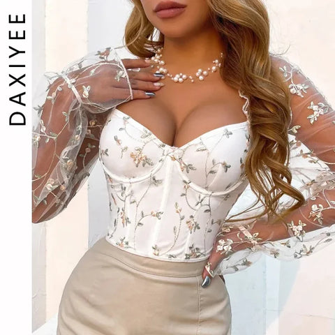 Sexy Mesh Embroidered Bustier Corset Top – Slim Fit Long Sleeve Shaper