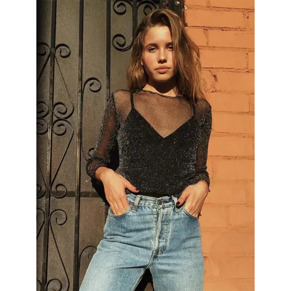 Sexy Mesh Shiny Long Sleeve T Shirt Women Spring Transparent Club Party Black Tee Shirts Sexy Thin O Neck Short Tops