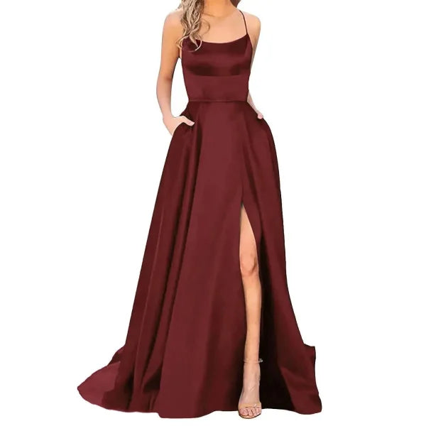 Sexy Nipped Waist Split Prom Dress with Elegant Evening Spaghetti Straps - Himpall