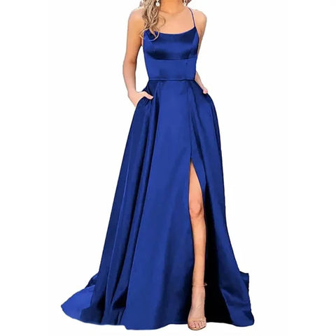 Sexy Nipped Waist Split Prom Dress with Elegant Evening Spaghetti Straps - Himpall