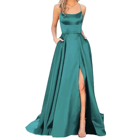 Sexy Nipped Waist Split Prom Dress with Elegant Evening Spaghetti Straps - Himpall