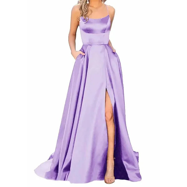 Sexy Nipped Waist Split Prom Dress with Elegant Evening Spaghetti Straps - Himpall