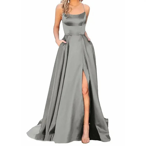 Sexy Nipped Waist Split Prom Dress with Elegant Evening Spaghetti Straps - Himpall