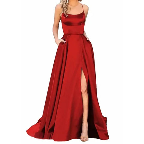 Sexy Nipped Waist Split Prom Dress with Elegant Evening Spaghetti Straps - Himpall