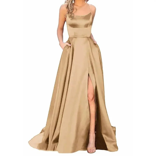 Sexy Nipped Waist Split Prom Dress with Elegant Evening Spaghetti Straps - Himpall