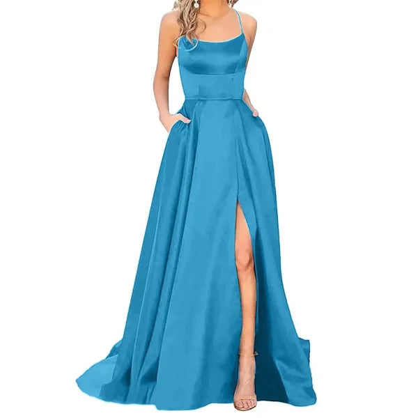 Sexy Nipped Waist Split Prom Dress with Elegant Evening Spaghetti Straps - Himpall