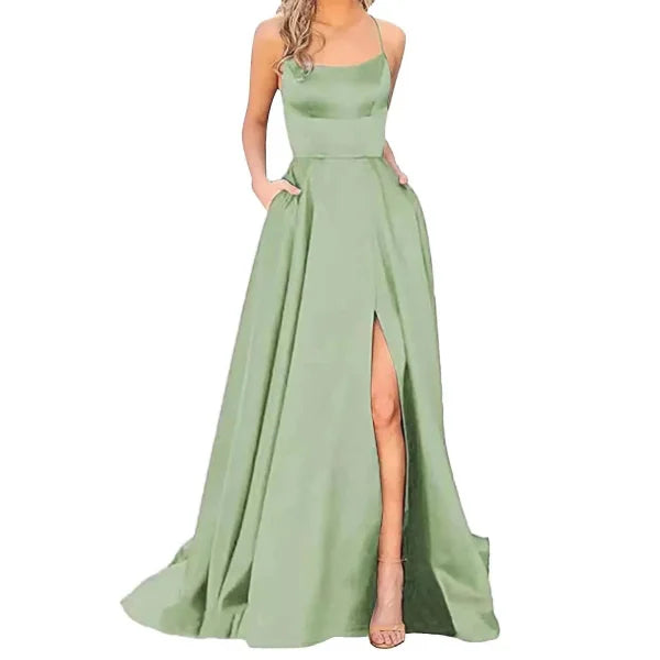 Sexy Nipped Waist Split Prom Dress with Elegant Evening Spaghetti Straps - Himpall