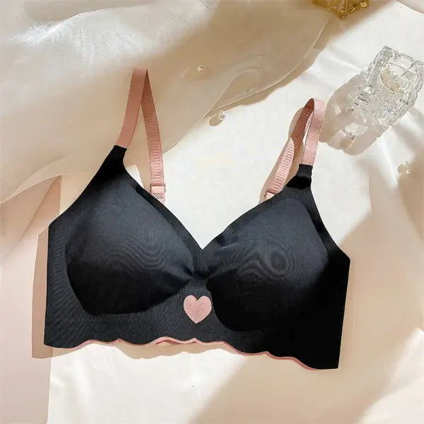 Women’s Love Heart Pattern Push-Up Bra – Cute Deep V-Neck Wireless Bralette Seamless Soft Comfort Lingerie Heart Print