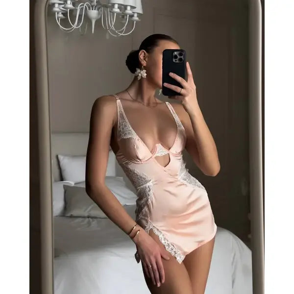 Sexy Satin Lace Patchwork Dress Silk Nightwear for Women