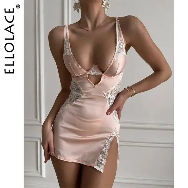 Sexy Satin Lace Patchwork Dress Silk Nightwear for Women