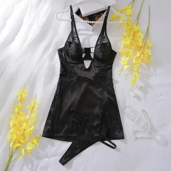 Sexy Satin Lace Patchwork Dress Silk Nightwear for Women - Black / M