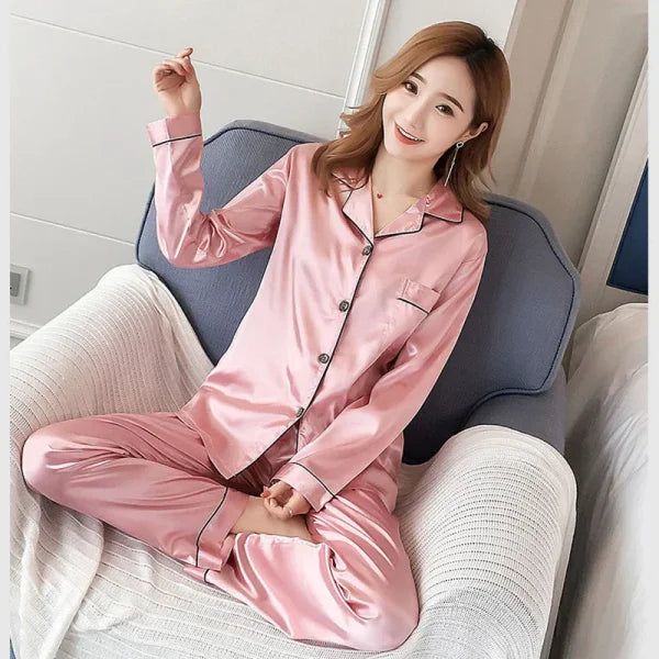 Sexy Silk Pajama Sets for Women - Ice Silk Long-Sleeve Cardigan Sleepwear