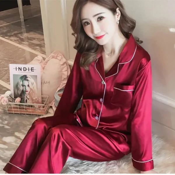 Sexy Silk Pajama Sets for Women - Ice Silk Long-Sleeve Cardigan Sleepwear - XXL (60-70KG) / ZY013