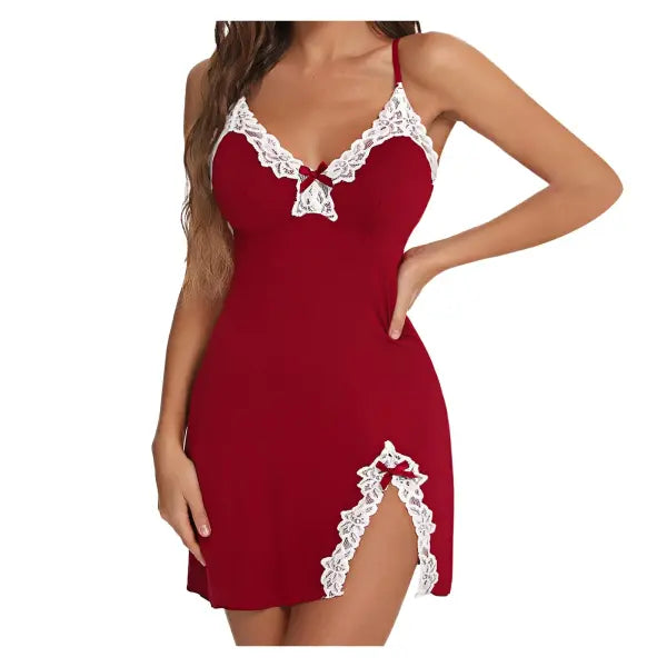 Women’s Sexy Lace Satin Nightgown – V-Neck Silk-Touch Sleepwear Split Hem Lace Lingerie Night Dress Sleeveless