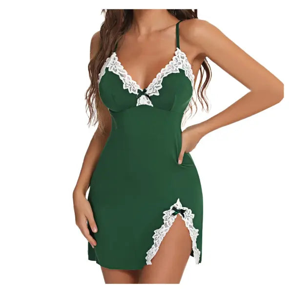 Women’s Sexy Lace Satin Nightgown – V-Neck Silk-Touch Sleepwear Split Hem Lace Lingerie Night Dress Sleeveless
