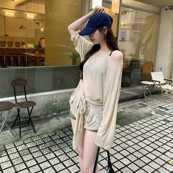 Sexy Thin See Through Long sleeve Oversize T shirt Women Bandage Off shoulder Top Female Basic Long Tees Korean Chic
