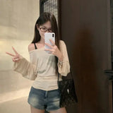 Sexy Thin See Through Long sleeve Oversize T shirt Women Bandage Off shoulder Top Female Basic Long Tees Korean Chic