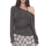 Sexy Thin See Through Long sleeve Oversize T shirt Women Bandage Off shoulder Top Female Basic Long Tees Korean Chic