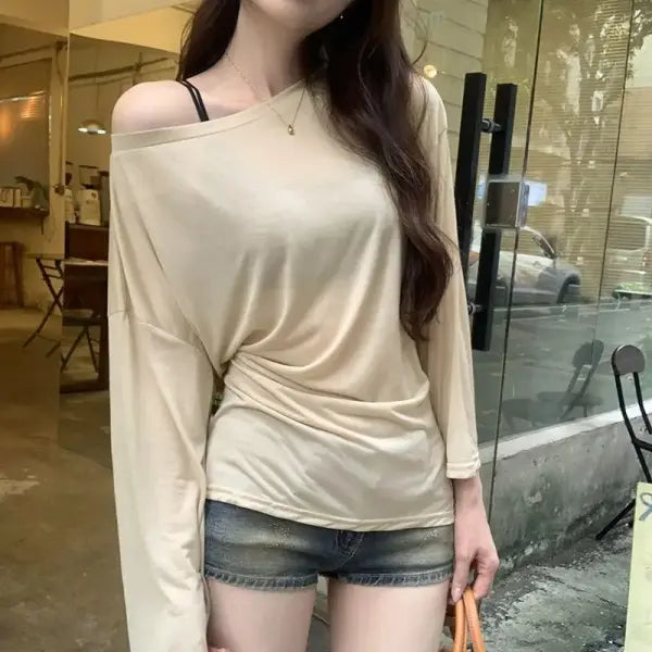 Sexy Thin See Through Long sleeve Oversize T shirt Women Bandage Off shoulder Top Female Basic Long Tees Korean Chic