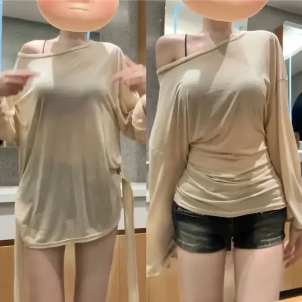 Sexy Thin See Through Long sleeve Oversize T shirt Women Bandage Off shoulder Top Female Basic Long Tees Korean Chic