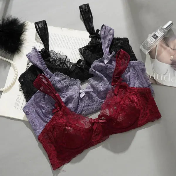 Sexy Ultra-thin Lace Bras Women’s Push Up Bra Hollow Out Transparent Gathered Underwear French Elegant Ladies Bow
