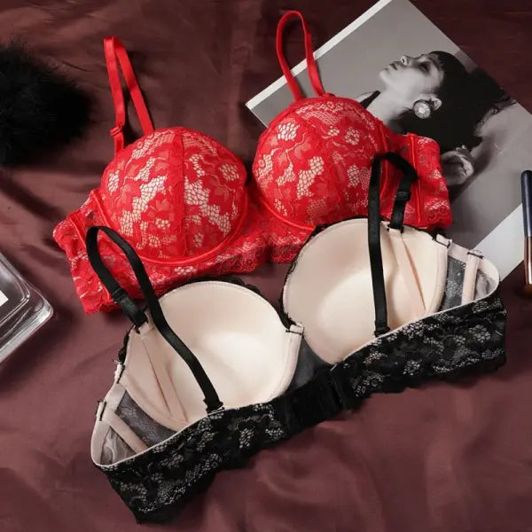 Sexy Ultra-thin Lace Bras Women’s Push Up Bra Hollow Out Transparent Gathered Underwear French Elegant Ladies Bow