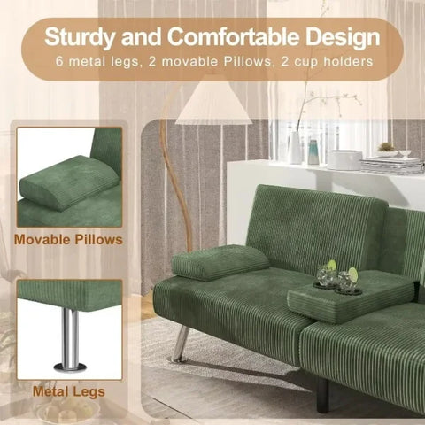 Shahoo Modern Upholstered Convertible Futon Sofa Bed - Removable Armrests Metal Legs & Cup Holders