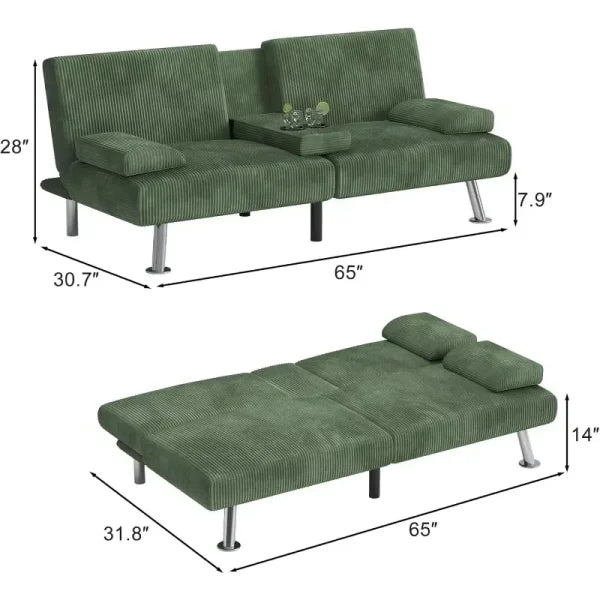 Shahoo Modern Upholstered Convertible Futon Sofa Bed - Removable Armrests Metal Legs & Cup Holders