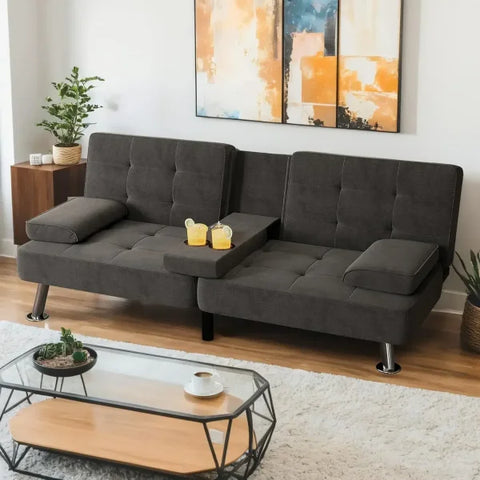 Shahoo Modern Upholstered Convertible Futon Sofa Bed - Removable Armrests Metal Legs & Cup Holders - Black / United