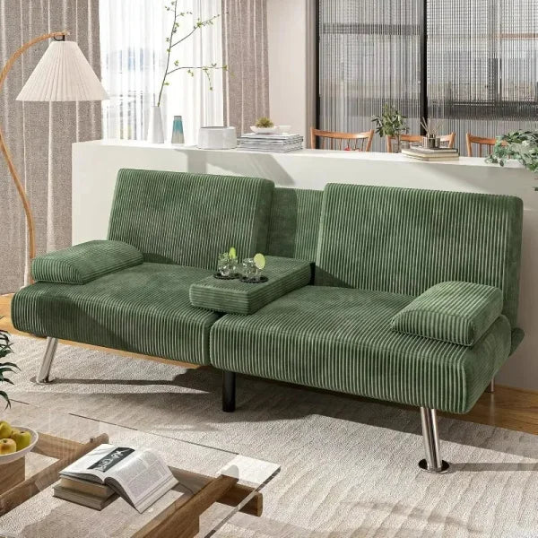 Shahoo Modern Upholstered Convertible Futon Sofa Bed - Removable Armrests Metal Legs & Cup Holders