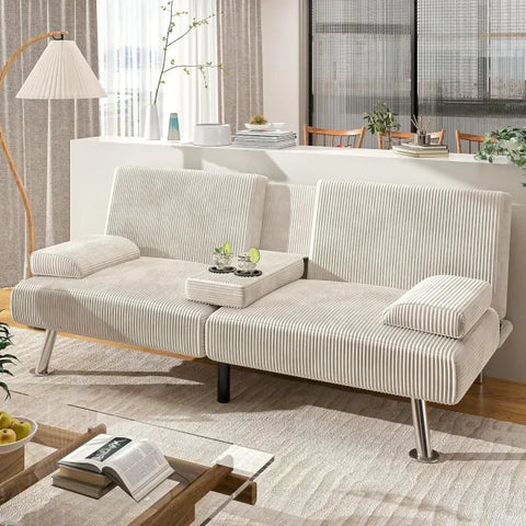 Shahoo Modern Upholstered Convertible Futon Sofa Bed - Removable Armrests Metal Legs & Cup Holders - Beige / United