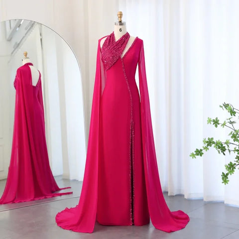 Sharon Said Turquoise Green Chiffon Dubai Evening Dress with Cape - Himpall