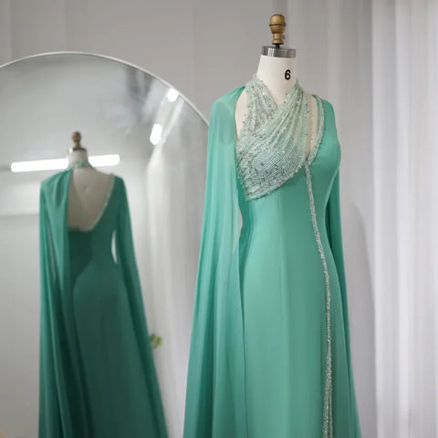 Sharon Said Turquoise Green Chiffon Dubai Evening Dress with Cape - Himpall