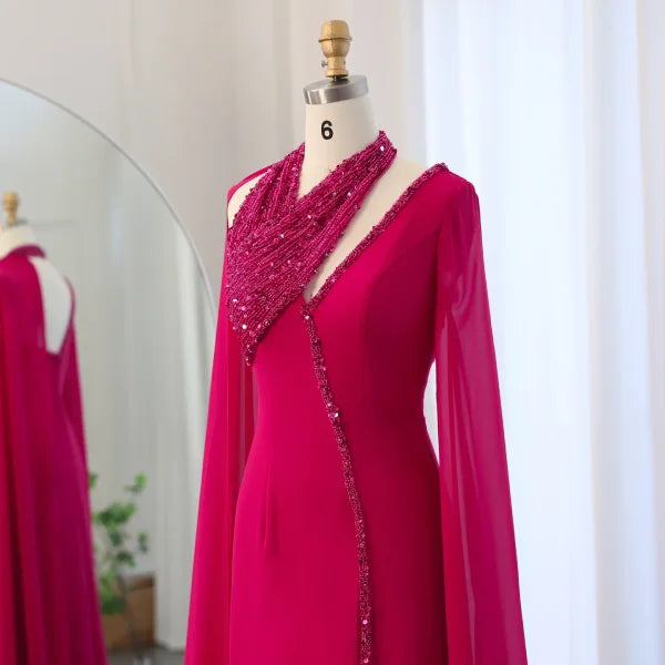 Sharon Said Turquoise Green Chiffon Dubai Evening Dress with Cape - Himpall