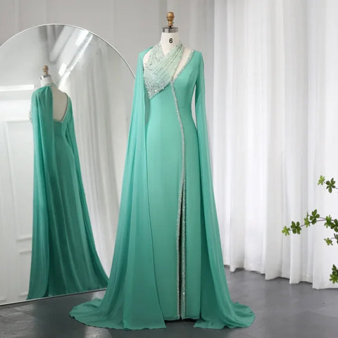 Sharon Said Turquoise Green Chiffon Dubai Evening Dress with Cape - Himpall