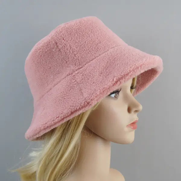 Shearling sheepskin particles bucket hat 100% wool for winter warmth - dark pink / Adjustable