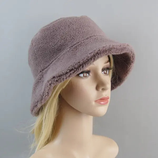 Shearling sheepskin particles bucket hat 100% wool for winter warmth - Potato Purple / Adjustable