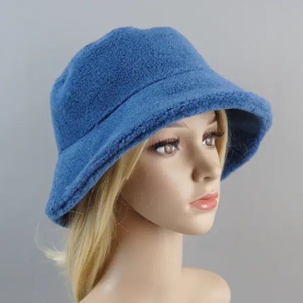 Shearling sheepskin particles bucket hat 100% wool for winter warmth - blue / Adjustable