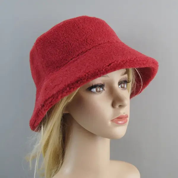 Shearling sheepskin particles bucket hat 100% wool for winter warmth - red / Adjustable