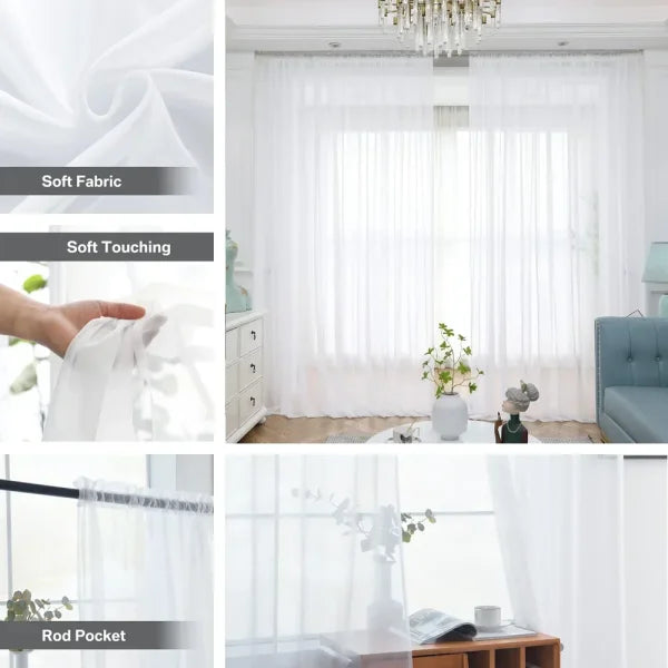 Sheer Curtains for Bedroom - Solid White Tulle for Nursery & Living Room