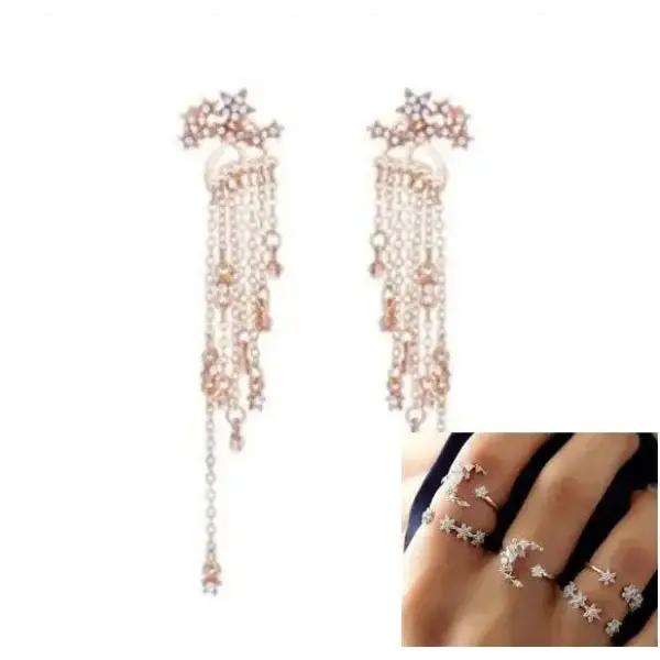 Elegant rose gold shining star tassel earrings with cascading crystals