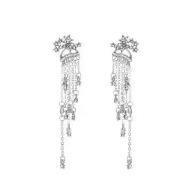 Elegant shining star tassel earrings with floral crystals and cascading chains